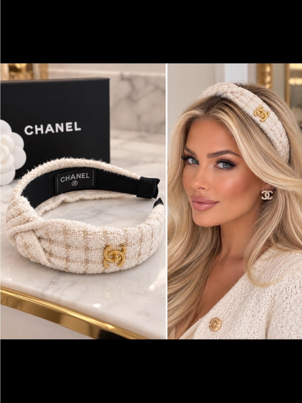 FASHION Cream Tweed Padded Headband with Gold CC Logo